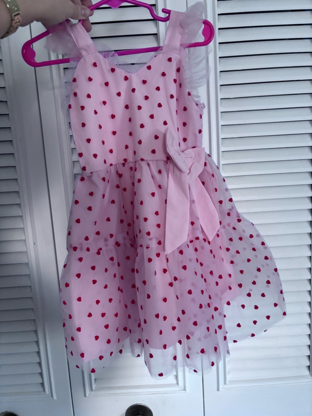Pink Heart Print Tulle Dress with Bow